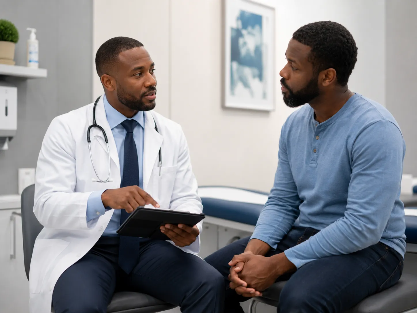 Doctor explaining possible causes of erectile dysfunction to an adult male patient