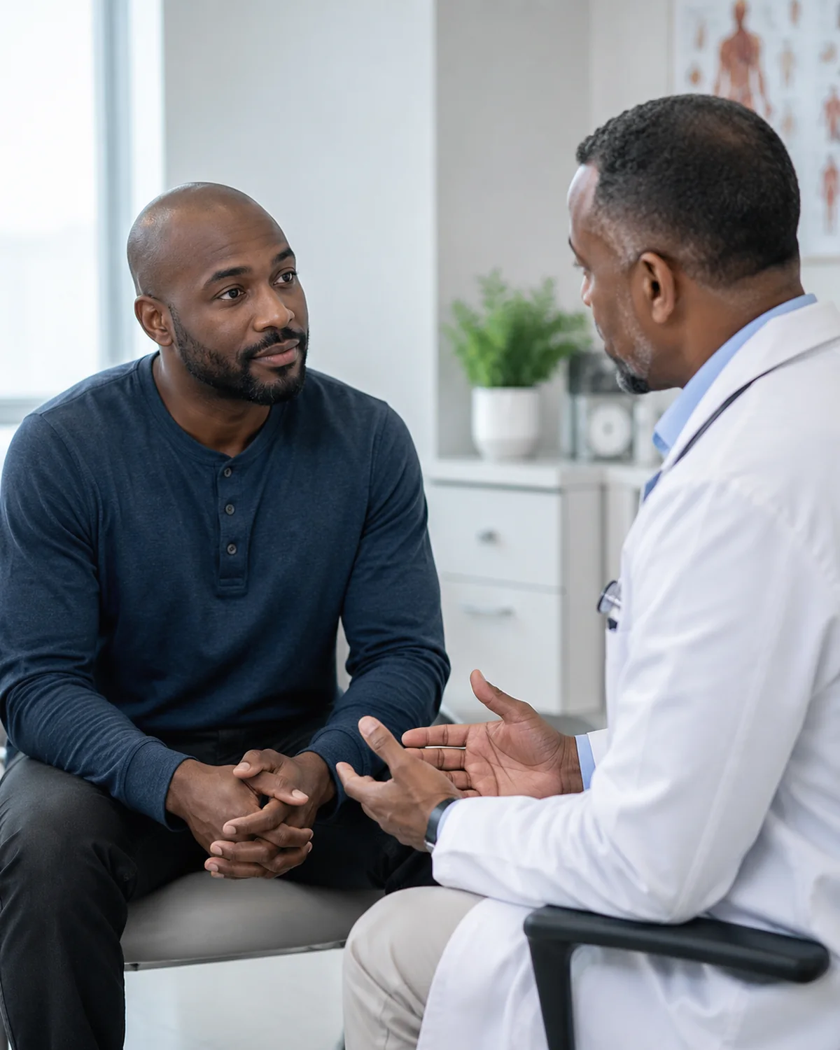 Adult male patient discussing Erectile problem privately with a doctor