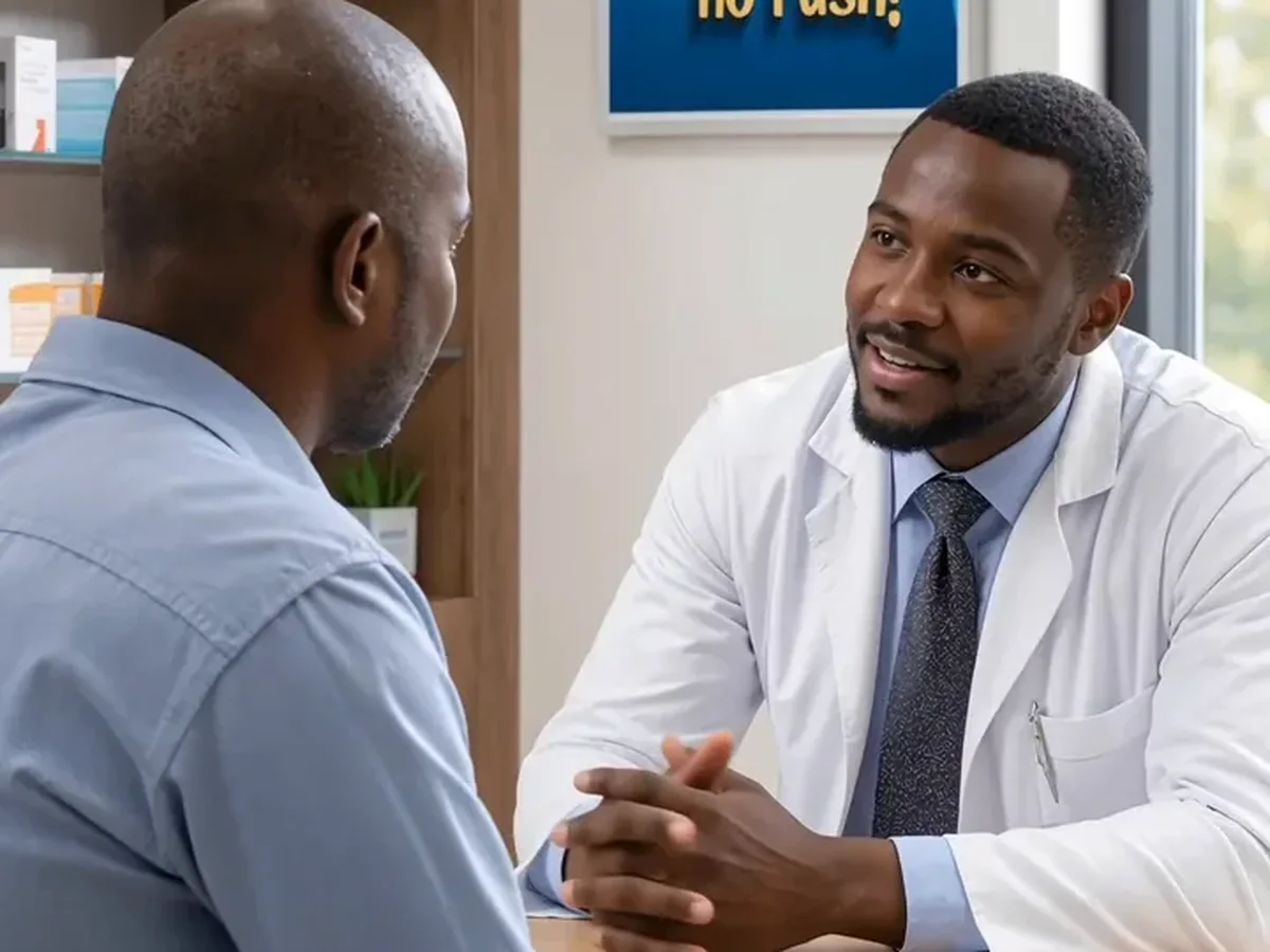 Adult male patient speaking with a doctor about Erectile problem symptoms